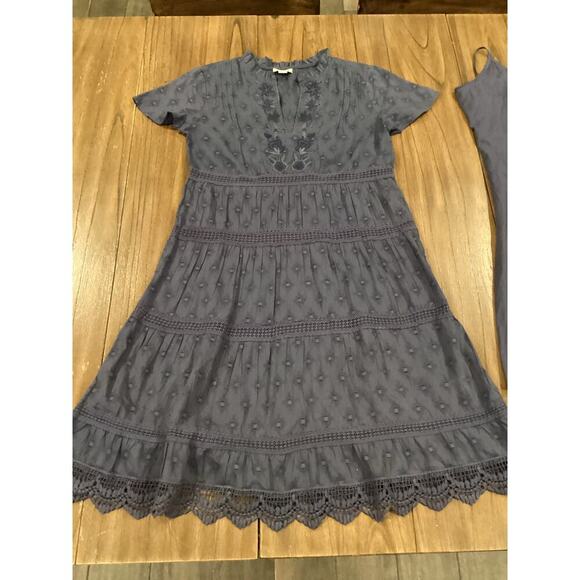Sundance Tiered eyelet cotton scallop hem boho short sleeve blue mini dress xs - Picture 1 of 14